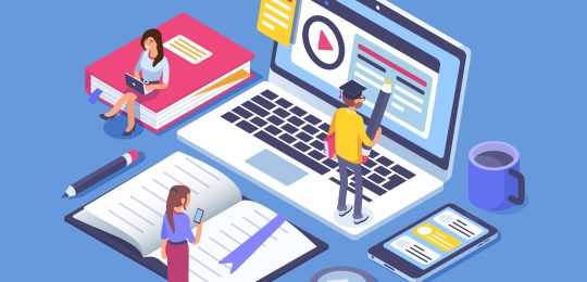 Online education concept banner with characters. Can use for web banner, infographics, hero images. Flat isometric vector illustration isolated on white background.